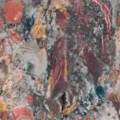 Abstract geological texture in gray, beige, and reddish-brown tones with circular patterns, layered strata, and matte finish.