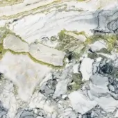 Swirling stone texture with white, gray, and olive-green tones, featuring golden-green veins and dark markings for layered depth.