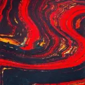 Acrylic pour painting, red and black hues, swirling patterns with gold and teal streaks, concentric bands, glossy finish, black background.