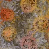 Abstract sunburst patterns in orange, yellow, and brown tones with a granular texture and swirling gray, beige, and olive-green marbled background.