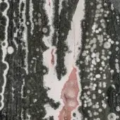 Abstract pigment texture, muted grays, blacks, pink, reddish-brown, with circular mottled patterns and uneven layered ridges against a neutral backdrop.