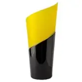 Twirl vase, black and yellow, asymmetrical flared design with ridged texture and glossy cylindrical base, modern sculptural form.