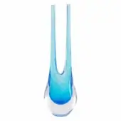 Glass vase, aquamarine blue, asymmetrical design with dual spouts and a polished, gradient teardrop form against a white backdrop.