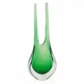 Sedani glass vase, green transparent, elongated teardrop form with dual spouts and rounded base, glossy finish, minimalist design.