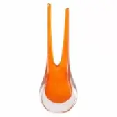 Orange glass vase, Sedani design, with rounded base and dual spouts forming a V-shape, clear glass encasing vibrant color.