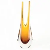 Glass vase, amber topaz, teardrop shape with dual spouts and polished finish displayed on a white background.