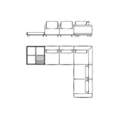 Giorgetti Nereide sectional drawing, modular dark legs, with corner storage unit featuring stacked drawers and cabinet doors, white background.