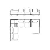 Giorgetti Nereide sectional drawing, linear black lines, modular seating with corner unit, chaise, and three armchairs on dark legs.
