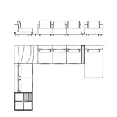 Giorgetti Nereide sectional drawing, linear & L-shape configurations, box cushions, dark legs, minimalist design, technical schematic.