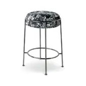High stool, black and white mosaic upholstery, chrome metal frame, circular seat, minimalist design, studio product shot.
