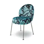 Dining chair, turquoise tile mosaic, curved backrest, brushed metal legs, oval seat, modern design, white background, subtle text.