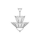 Spade suspension lamp, black and white line drawing, tiered structure with curved spade elements radiating from a central rod and circular mount.