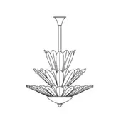 Spade suspension lamp, black and white line drawing, tiered petal design, cylindrical stem, conical mount, symmetrical floral form.