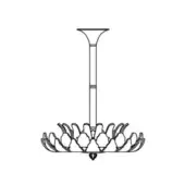Rex suspension lamp black line drawing, cylindrical stem with curved arms and rounded shades, teardrop element, botanical design.