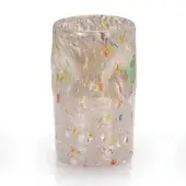 Glass vase, speckled amethyst, cylindrical shape with translucent beige glass, colorful inclusions, textured surface, and undulating rim.