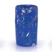 Blue glass vase with speckled pattern, cylindrical shape, flared rim, and textured surface displayed on a white background.