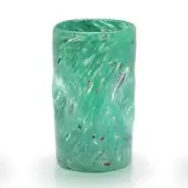 Green glass vase with spotted inclusions, cylindrical shape, slightly flared rim, studio product shot on white background.