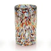 Glass vase, multicolored spotted glass, cylindrical shape with yellow rim and base, studio product shot on white background.