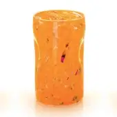 Orange glass vase with speckled inclusions and quilted texture, featuring a marbled rim and vertical pink streak on a white surface.