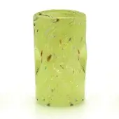 Green glass vase with spotted pattern, cylindrical shape, and mottled texture featuring brown, teal, orange, and yellow streaks.