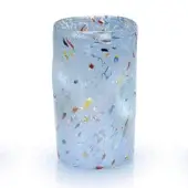 Glass vase, pale blue with multicolored inclusions, cylindrical shape and rippled texture, uneven rim, studio product shot.