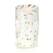 Glass cylinder with speckled pattern, transparent body, milky white base, multicolored inclusions, rounded form, studio lighting.