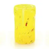 Yellow glass vase with spotted red, orange, and white inclusions, cylindrical shape, textured surface, and undulating rim.