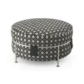 Distinguished Sicis Amaretto ottoman with geometric black pattern on light beige fabric and sleek coated metal legs