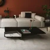 Exclusive Giorgetti Ghiblim coffee table with a Canaletto walnut and marble two-level top plus pewter-painted metal cross structure