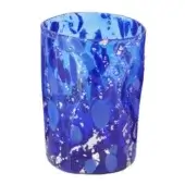 Blue & silver glass vessel, cylindrical shape with swirling silver inclusions, translucent texture, studio product shot on white background.