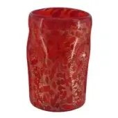 Red and gold glass vase, cylindrical shape, textured surface with mottled raised patterns, hand-blown with asymmetrical form and glossy finish.