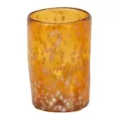 Glass tumbler, amber and gold, cylindrical shape with speckled pattern and hand-blown texture on a white background.