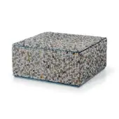 Exclusive Sicis Cube ottoman crafted in Italy with multi-toned fabric upholstery and subtle light blue trim