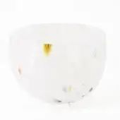 White glass bowl with speckled pattern, rounded shape, and translucent surface featuring yellow, orange, blue, and pink inclusions.