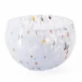 Glass bowl, periwinkle with spots, rounded honeycomb texture, studio shot, translucent colored glass with yellow, orange, red, blue, and black inclusions.
