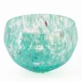 Glass bowl, turquoise-green with mottled texture, features scattered white, orange, and dark blue glass inclusions, rounded shape, studio lighting.