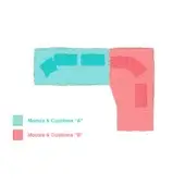 Modular sofa diagram, turquoise and coral pink, showing rectangular cushions, curved and angular sections, studio rendering.
