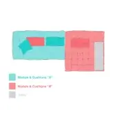 Modular sofa diagram featuring teal & coral modules with square cushions, adjacent to a gray rectangular table, studio rendering.