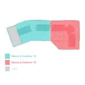 Modular sofa diagram showing turquoise L-shaped module 'A' and coral rectilinear module 'B' with cushion layouts, separated by a gray table.