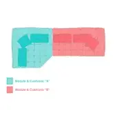 Modular sofa diagram, turquoise and coral pink, L-shape and linear modules with quilted texture, labeled components A and B, white background.