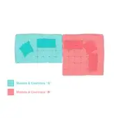 Modular sofa diagram, teal and coral pink, quilted upholstery with square and rounded cushions in a 90-degree corner configuration.