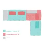 Modular seating diagram, turquoise and coral, rectangular modules with square cushions, gray table areas, customizable grid layout.