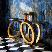 Exceptional Sicis Fluxus console with metallic mosaic and marble top in warm golden-brown wood with satin finish