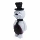 Glass rabbit sculpture, translucent white with black accents, wearing a top hat and bow tie, purple undertones, smooth glossy finish.