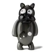 Black glass dog figurine, “dr doggy – pupi,” rounded form with stethoscope, glossy finish, white background.