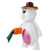 White rabbit figurine with brown straw hat and burgundy detail, holding a carrot; minimalist, geometric design in translucent material.