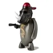 Resin rhinoceros sculpture, translucent gray, upright pose wearing red cap, sunglasses, gold chain, holding black handgun, white horn.