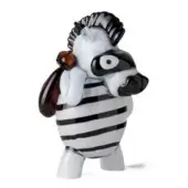 Glass zebra sculpture, black and white stripes, amber jewel in hoof, red-brown glass drape, glossy finish, white background.