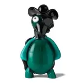 Green glass turtle sculpture, pirate design, glossy teal body, black head, white eye, curved hat, smooth reflective surface, white background.