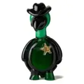 Glass turtle sculpture, green and black, with cowboy hat and sheriff’s badge, rounded form, glossy finish, white background.